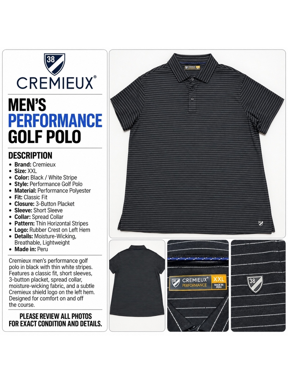 Cremieux Performance XXL Black Striped Polo Shirt